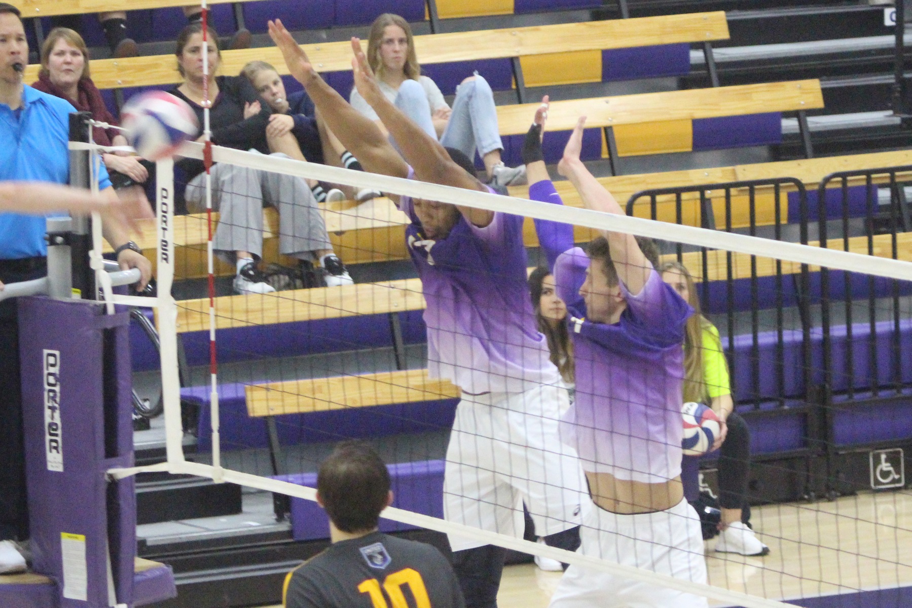 (Left to Right) Dasmen Stewart and Brendan Ward combine for a block.