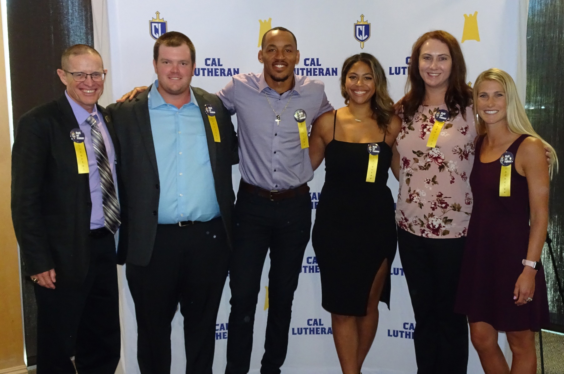 The 2019 Alumni Association Hall of Fame Class, from left to right, Steve Blum, Mikey McGinn, Eric Rogers, Kylie McLogan, Lauren (Stroot) Reynolds, and Jackie (Russell) Griffin.