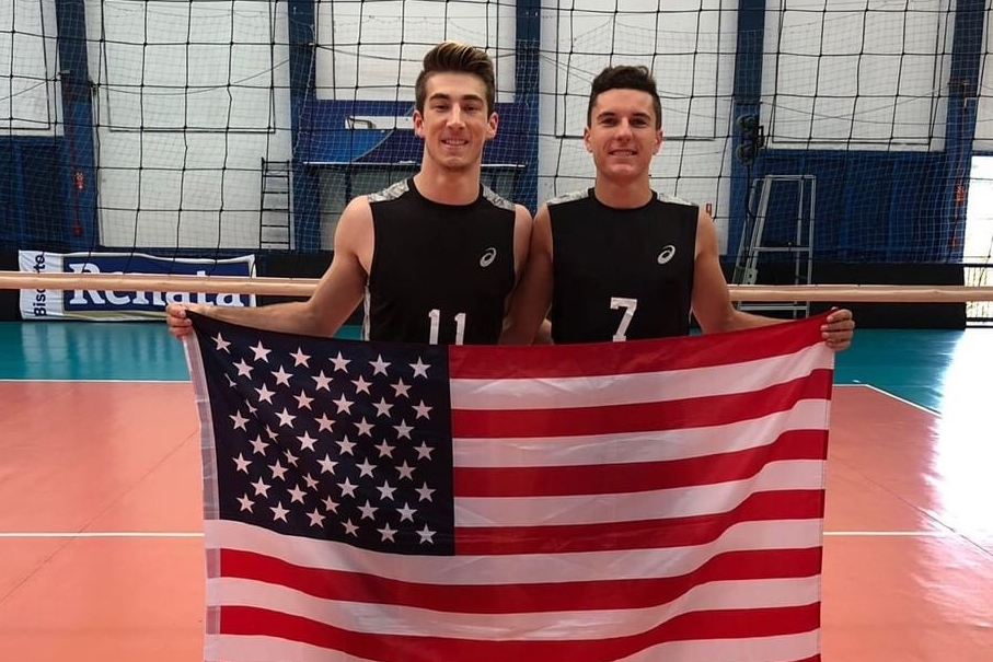 Andrew Reina and Grant Nelson (left to right) compete with the USA D-3 Volleyball Team in the 2019 Brazil Tour.