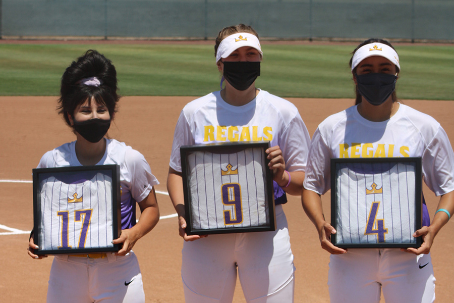 Left to Right: Natalie Winokur, Meghan Henry, and Sienna Perez were honored before the Regals' last home game. (Pic: Mariah Zermeno)