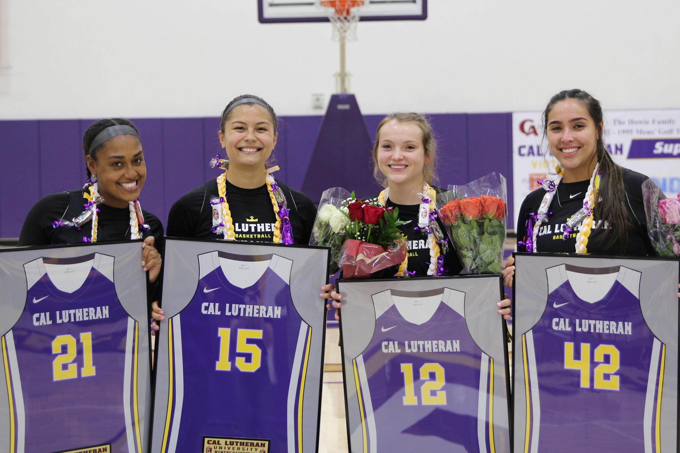 It was senior night for Regals Basketball and CLU defeated Redlands 72-64. (From right to left: Jade Jordan, Taylor Oshiro, Jozie Tangeman, and Tea Carbullido)